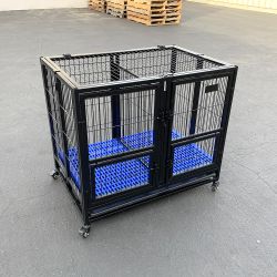 New in box $160 Heavy-Duty Dog Cage Crate 37x25x33” Double-Door Folding Kennel w/ Divider, Tray, Wheels