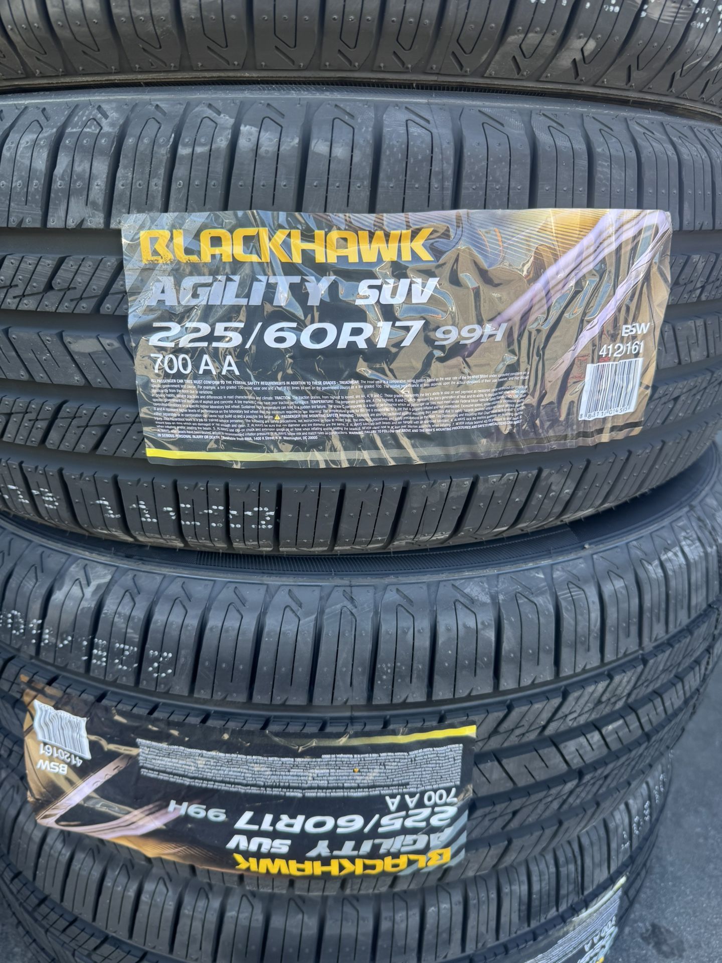 (4) 225/60R17 SET OF NEW TIRES BLACKHAWK 50.000 MILES ! INSTALLED AND BALANCE!