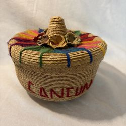 Mexican Straw Woven Tortilla Basket with Straw Hat Lid Cancun 