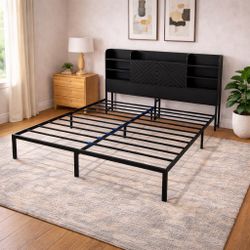 Farmhouse King Size Bed Frame with Move Storage Headboard & 2 Drawers, Platform Bed Frame with 3-in-1 Charging Station, Upholstered Bed Frames with Me