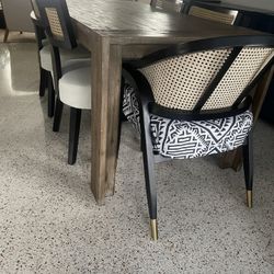 6 Mid-Century Modern Rattan Dining Chairs - Black/Beige