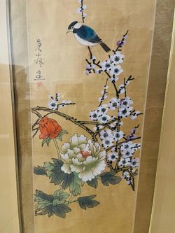 Vintage Asian Art 17”x 29” Bird with floral