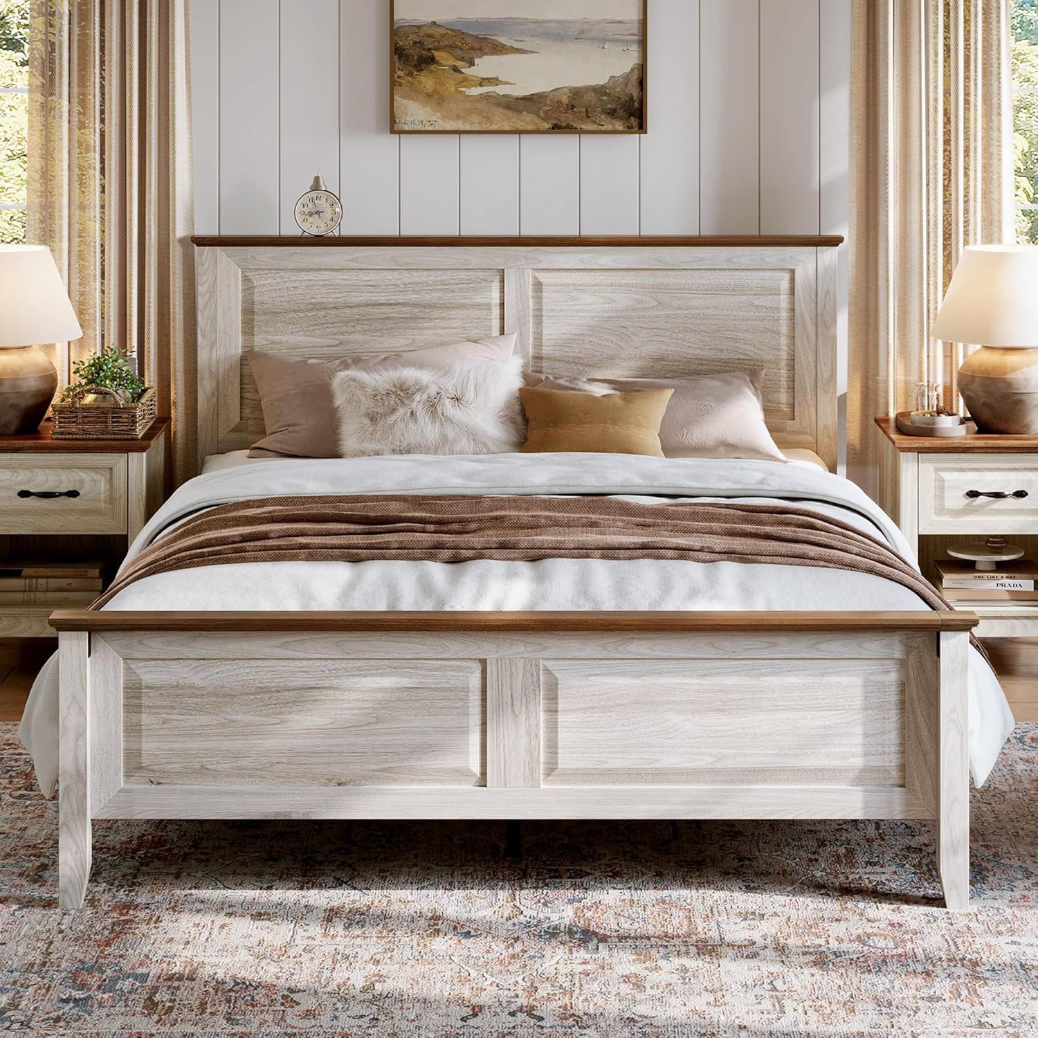 LINSY Farmhouse Bed Frame, Queen Bedframe with Headboard and Footboard, Wooden Bed Frame with Solid Wood Slats, Rustic Beige Platform Bed Frames Quee