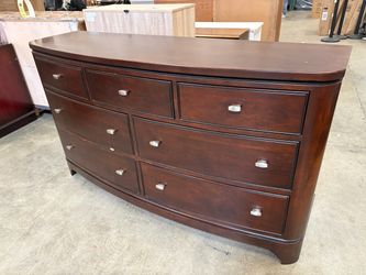 Cherry Finished 7 Drawer Breakfront Lowboy Dresser with Silver Pulls