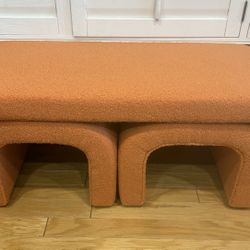 New Orange Boucle Bench And Ottoman Set 