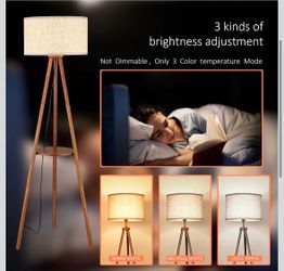 Wood Tripod Floor Lamp, Farmhouse Shelf Wooden Standing light Drum Shade for Living Room, Bedroom, Office, Footswitch,ETL Listed/Brown Wood Color, 3 C