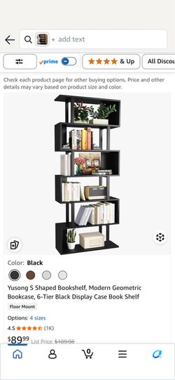 Modern 6-Tier S-Shaped Bookshelf (Black)