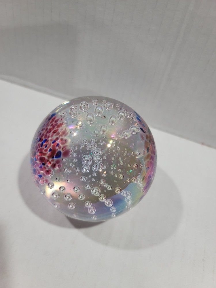 Vintage Glass Eye Studio Controlled Bubble Iridescent Paperweight Plume GES 99