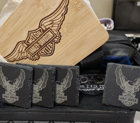 Harley Davidson cutting board, drink coasters custom tool bag
