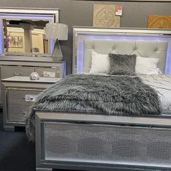 Allura Silver LED Upholstered Panel Bedroom Set