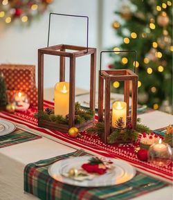 Rustic Wooden Lanterns with LED Candles, Set of 2