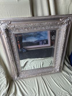 32 x 37 GORGEOUS SILVER LEAFED BEVELED VINTAGE WOOD MIRROR - REDUCE PRICE FOR FAST SALE ! ( mounted hardware  ) 1st com1st serve !!