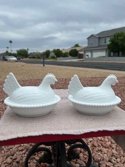 Pair of Vintage Indiana Glass White Milk Glass Hen on Nest Covered Dishes (7”) farmhouse retro