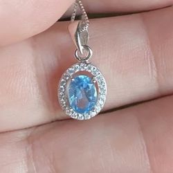 925 Sterling Silver, Beautiful, Natural Blue Topaz, Oval Pendant