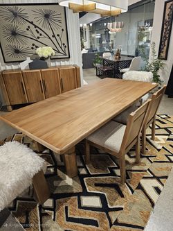 Modern 6pc  Contemporary Acacia wood Dining Set with double pedestal table