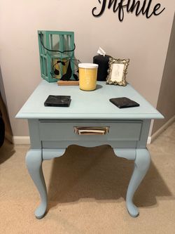 Antique Vintage Dusty Blue Solid Wood Side Table