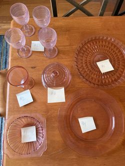 Vintage Pink Glassware Collection – Serving Plates, Dishes & 4 Hobnail Goblets