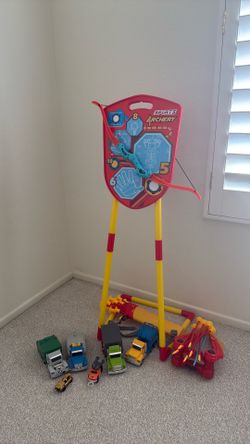 Kids Standing Archery Bow & Arrow Set + Driven Toy Trucks Bundle