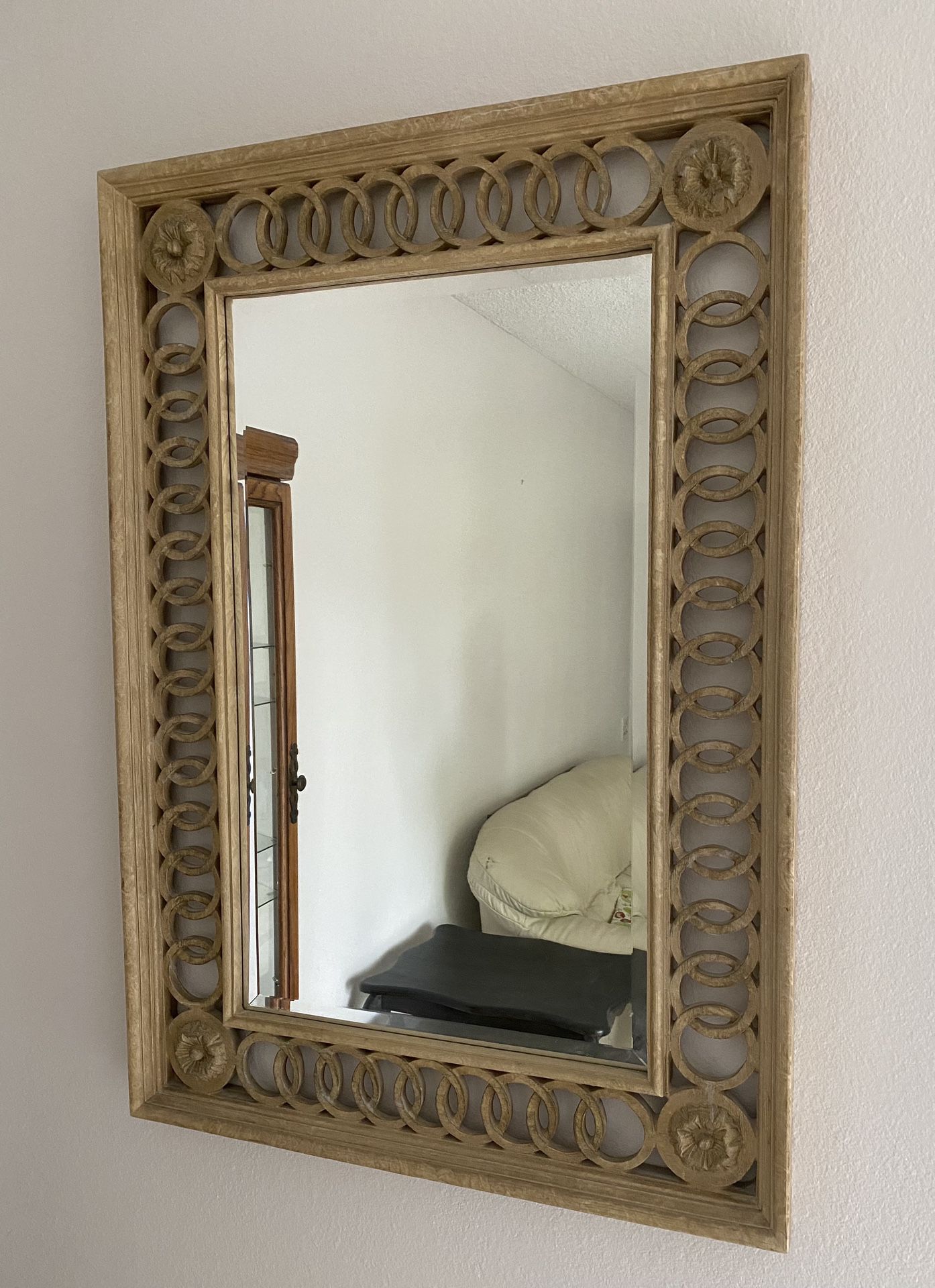 Wall Mirror, Vintage, Natural Carved Wood, Beveled Glass
