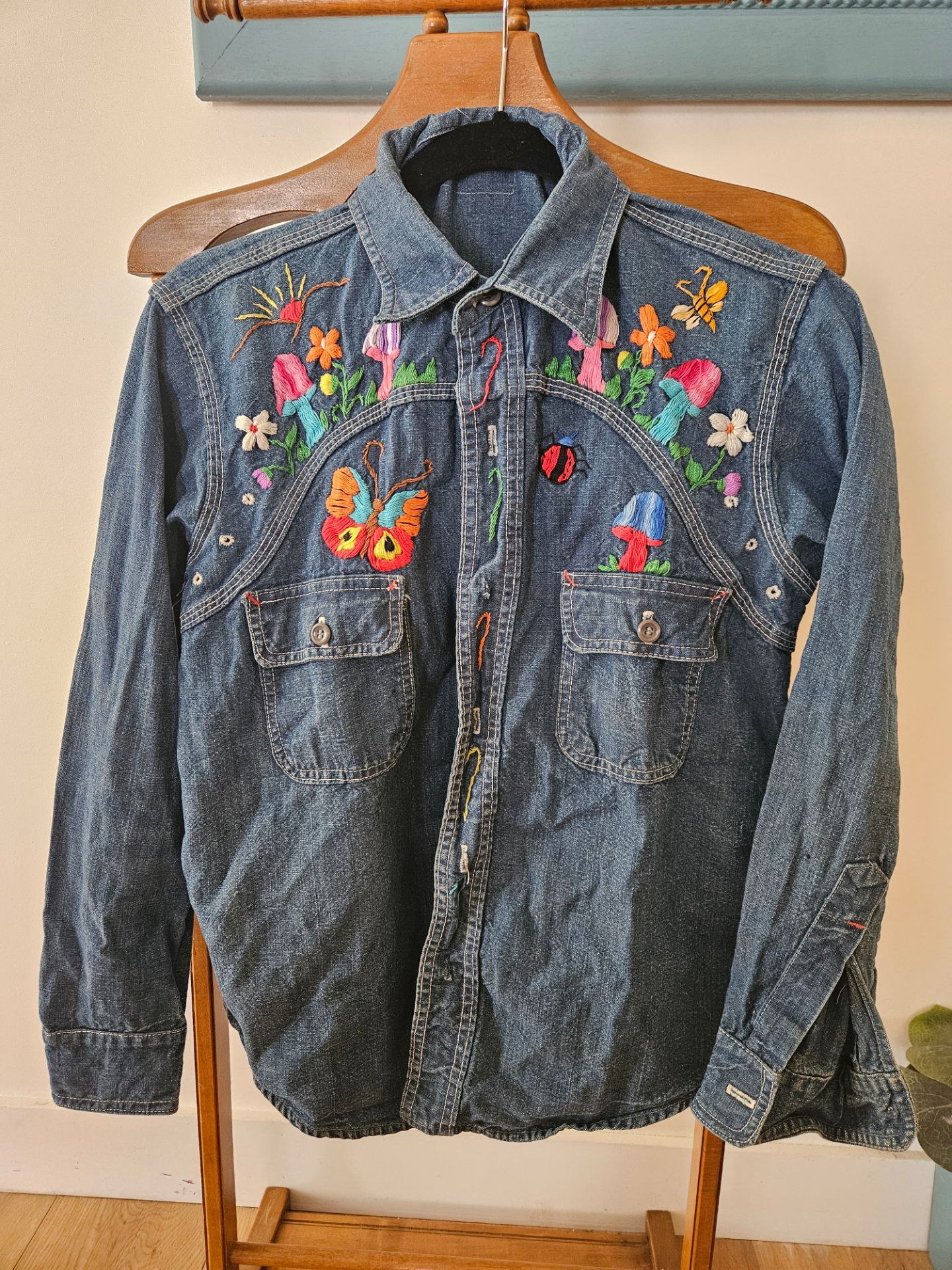 Denim button up embroidered