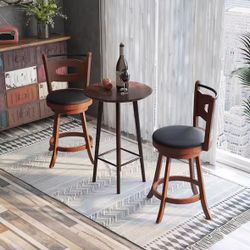 24 in. Brown High Back Rubber Wood Counter Stool with Leather Padded Seat 2 Set of Included
