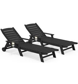 SERWALL Patio Chaise Lounge Chair Set of 2, 78'' Long 5-Positions Adjustable HDPE Outdoor Lounger for Pool, Poly Lounge Chair with Rolling Wheels & Cu