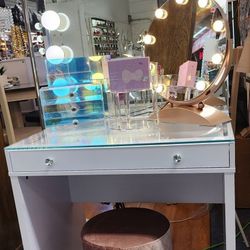 Vanity Desk And Mirror Impressions White Finish, LED Lights, Knob Like Crystals, Glass Top. 32"x24"x56"h. Power Outlet, Usb Port. New Display Model.