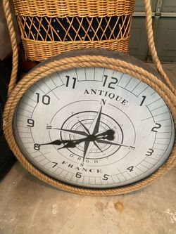 Large Rustic Nautical Compass Wall Clock with Rope Border