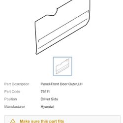 Genuine OEM 76111-3K010 Panel-Front Door Outer Left 2005-2010 Hyundai Sonata