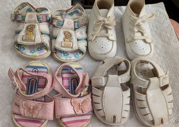5 Prs. Baby Girl Toddlers Shoes & Sandals 1 & 2 Mostly Velcro Closures. Upper Left Clockwise - Sesame Street "Zoe", White Tie Soft Sole, White Sandals