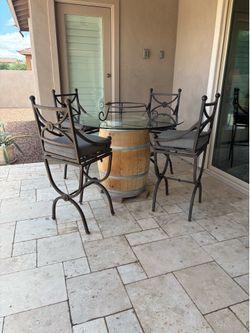 Wine Barrel Table and 4 Metal Bar Stools Set