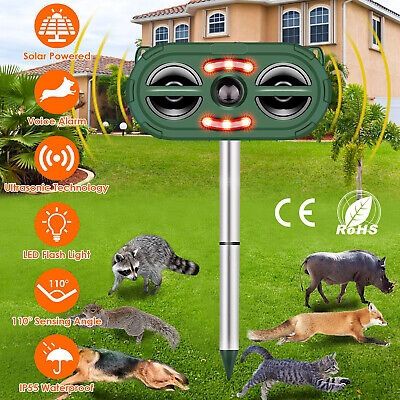 Humanized Animal Repeller:This Animal Repeller uses 13.5-28.5KHz ultrasonic sound,LED flashing light and sounds to drives animals,with no chemicals,no