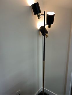 67" 3-Light Tree Floor Lamp, Matte Black, Brass Accents, Adjustable Pivoting Heads, Modern Standing Light