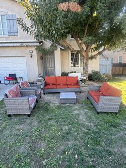 7 Seating Outdoor Patio Furniture Set Orange Cushion Grey Wicker Frame Brand New 