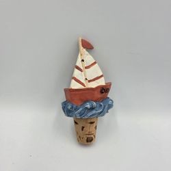 Vintage Sailboat Resin Composite Wine Bottle Cork Stopper Multicolored Nautical 