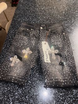 Purple Brand Rhinestone Cross Denim Shorts Size 28
