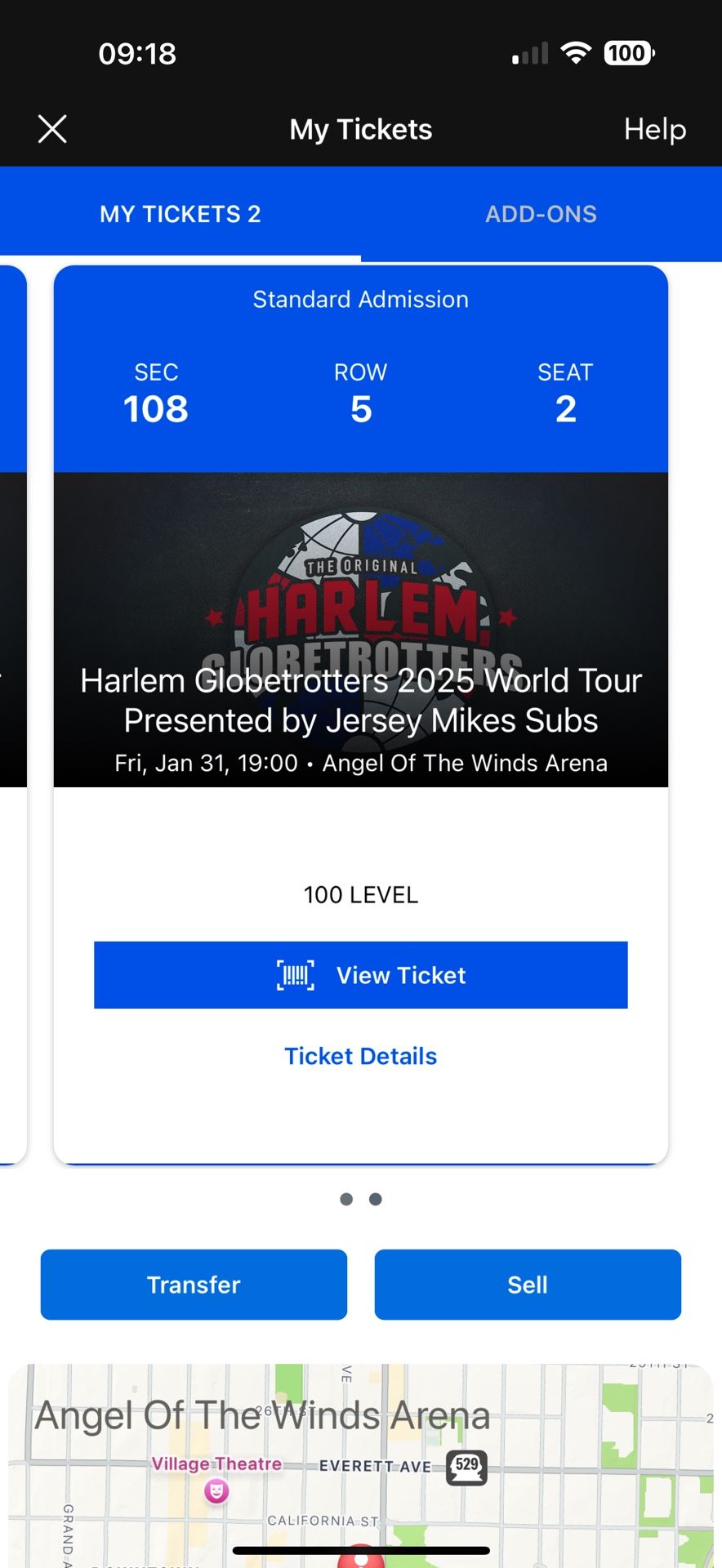 Two Tickets Harlem Globetrotters 100 Level 1/31
