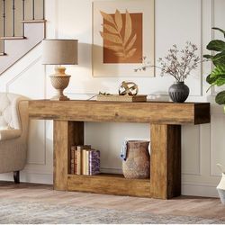 Mesa consola de 63 pulgadas de largo, mesa de entrada de 2 niveles con almacenamiento,