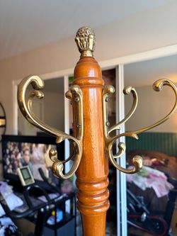 Vintage Wooden and Brass-accented Coat Tree / Hall Tree with Brass Hooks