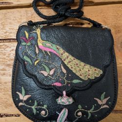 Vintage Hand Made Leather Embroidered Purse