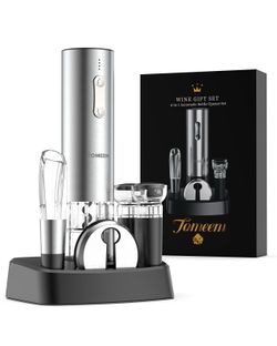 Rechargeable Electric Wine Gift Set - Aerator, Vacuum Stoppers, Foil Cutter And Bottle Opener For Home Bar And Outdoor Parties (Silver, Wine Opener Se