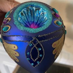 Hand-Painted Glass Christmas Ornament with Peacock Design