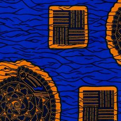African Fabric 1 Yard Cotton Wax Ankara Print BLUE ORANGE Abstract