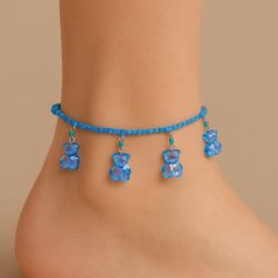 BLUE BEADED ANKLET WITH IRIDESCENT TEDDY BEAR CHARM