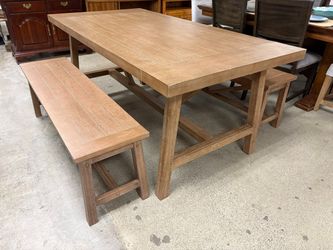 Beige Rustic Trestle Table w/ 2 Dining Benches