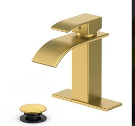 Bathroom Faucet Brushed Gold Modern Waterfall Bathroom Sink Faucet with Single Handle Suitable for 1 or 3 Holes, Supply Deck Plate and Hose...