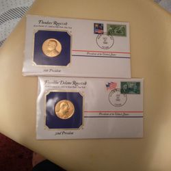 Lot Of 2-Mint Condition-2 Presidential Gold Plated Medal & Commemorative Stamped Envelopes!