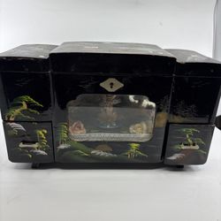 Vtg 60s-70s Black Lacquer Asian Musical/Lighted Jewelry Box NO Key WORKS