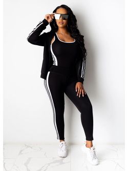 Women's Striped Hooded Collar Black Three-Piece Jogging Suits (4 Sets)