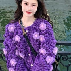 New Retro Handmade Sweaters O Neck Fashion Long-sleeve Purple Knitted Cardigan C